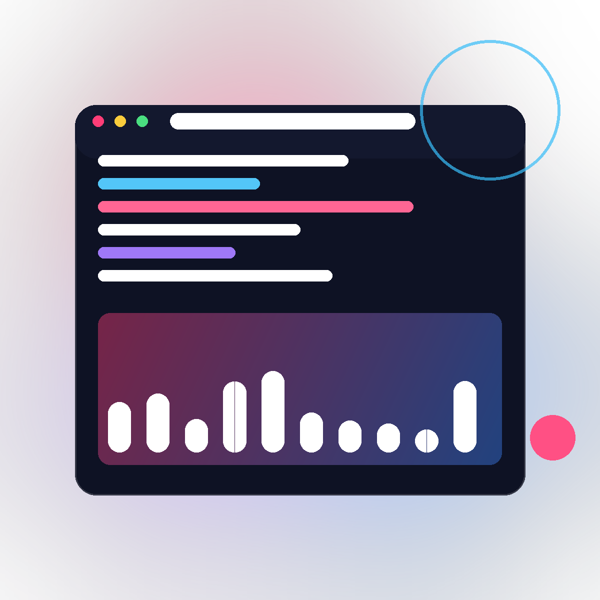 Abstract preview of a Mind Sketch Technology dashboard interface with a data chart and code panel